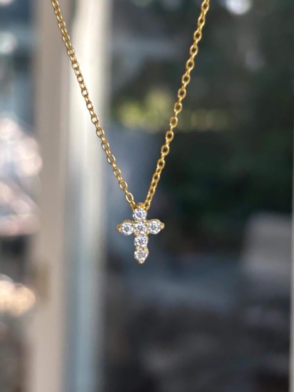Tiny Moissanite Cross Charm Necklace, Dainty Gold 2mm Diamond Cross Pendant